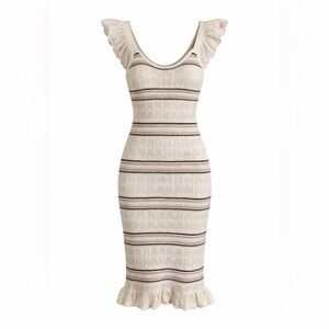 Freshman 1996 Cream and Brown Crochet Knit Boho Maxi Dress. Size Medium